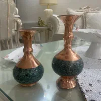 گلدان مسی و بشقاب میناکاری و گلدان کریستال