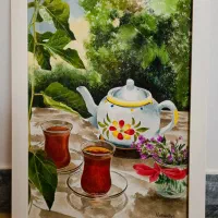 تابلو نقاشی آبرنگ طرح قوری و چای