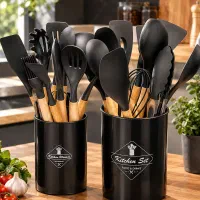 کفگیر ملاقه سیلیکونی دسته چوبی نسوز