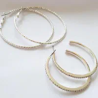 گوشواره حلقه ای دو جفتی ساده و نگینی نقره ای