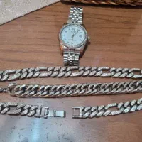 گردنبند چین دستبند استیل نقره ای و ساعت رولکس