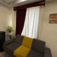 دو عدد پرده حریر با کتیبه مخمل زرشکی