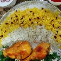 زرشک پلو با مرغ زعفرانی و ربی