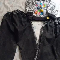 دوعدد ست کراپ شلوار لی دودی