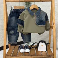 شلوار و بلوز یقه گرد جین و دورس