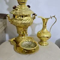 سرویس سماور زغالی برنجی ۴ لیتری با آبکاری شبه طلا