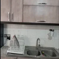 کابینت به همراه گاز و هود و سینک و دوتا دکور چوبی|آب‌چکان و نظم‌دهنده ظروف|اشتهارد, |دیوار