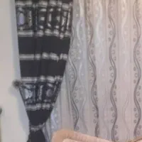 ۲عددپرده حریر و راف ساتن مشکی نقره ای و کتیبه مشکی