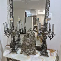 یک دست آیینه شمعدان نقره ای سیاه قلم