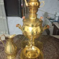 سماور زغالی و سینی استکان نلبکی برنجی