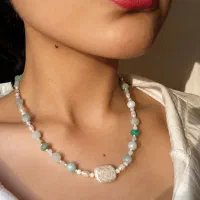 گردنبند دست ساز آکوامارین ، مروارید باروک و نقره