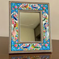 آینه خاتم کاری چوبی مدل مینیاتور گل و مرغ برجسته