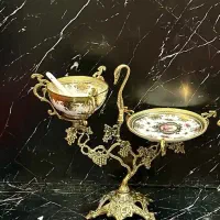 سرویس پذیرایی برنجی بشقاب چینی سرمه ای و کرم|ظروف سرو و پذیرایی|تهران, خاک سفید|دیوار