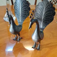 مجسمه طاووس فولادی نقره کوب  عتیقه