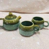 قوری فنجان سفالی سبز فیروزه ای، کاملا نو با جعبه