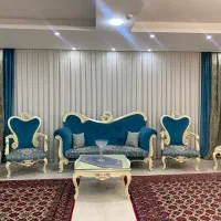 مبلمان استیل سلطنتی و میز نهارخوری و پرده و ویترین