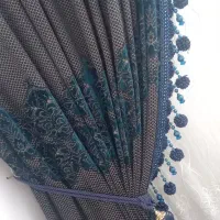 پرده تور ترک طرح دار با دستک مخمل سورمه ای طور|پرده، رانر، رومیزی|قائن, |دیوار
