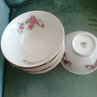 ظروف چینی گل سرخی و قاشق و چنگال