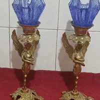 شمعدان برنزبرنجی سه جفت قدیمی باشیشهای اصل کریستال|لوستر و چراغ آویز|قرچک, زیبا شهر|دیوار