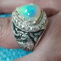 انگشتر نقره اوپال اتیوپی رکاب قلم زنی تمام دستساز