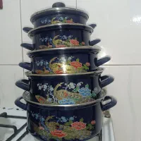 سرویس قابلمه لعابی طاووس آبی 5تایی ج  قدیمی عتیقه
