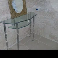 میز کنسول شیشه ای پایه استیل و آینه خاتم تزئینی