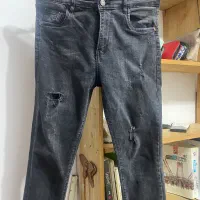 شلوار لی زغالی و ابی کمرنگ‌زاپ دار