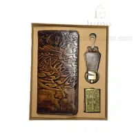 ست هدیه چرم طبیعی دست‌دوز (کیف پول، جاکلیدی، فندک)