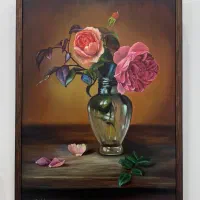 تابلوی رنگ‌روغن اصل گل رز رئال با قاب چوبی ۵۰×۷۰