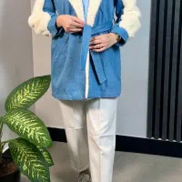 کاپشن زنانه ترکیب جین و‌تدی بند دار