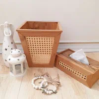 سطل و جا دستمال کاغذی چوبی حصیری