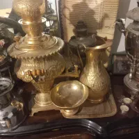سماور برنجی با روکش طلا برقی همراه با قوری سینی