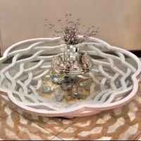 میزجلومبل عسلی سفیدچوبی شیشه ای پایه چرخ دارطرح گل