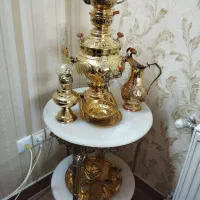 سماور زغالی برنجی با تمام وسایل و میز برنجی