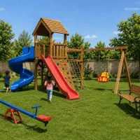 مجموعه بازی ترکیبی سرسره و تاب چوبی مقاوم