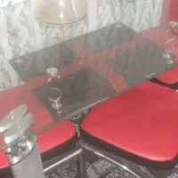 میز ناهار خوری ۴ نفره شیشه ای پایه استیل صندلی چرم|میز و صندلی غذاخوری|مشهد, کوی ولیعصر|دیوار