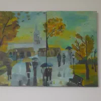 تابلوی زیبای پاییزی در راه کلیسا.