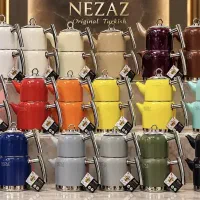 کتری قوری استوانه ای استیل رنگ پاستیلی نزاز