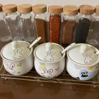 بانکه حبوبات دوجداره و جا ادویه مکارتی در چوبی