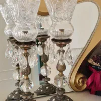 یک جفت شمعدان کریستال خورشیدی پایه برنزی