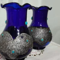 گلدان شیشه ابی طرح دار مراکشی آبی کبالت قدیمی