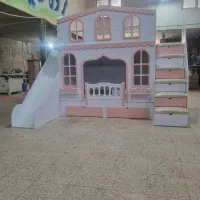 تخت دو طبقه سرسره دار سایز نوجوان مدل کلبه لمسه ای