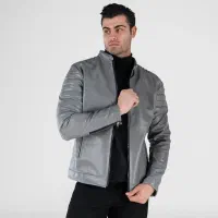 کاپشن اسپرت چرم مصنوعی مردانه طوسی مدل 49131