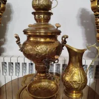 سرویس سماور برنجی زغالی   سایز بزرگ ۵تیکه