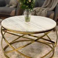 میز گرد پایه فلزی طلایی رویه سنگ مرمر سفید