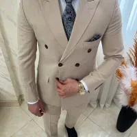 کت شلوار دبل برست فاستونی رنگ کرم