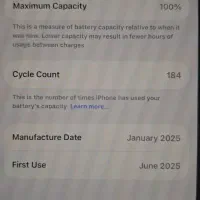 آیفون 16 نرمال باتری 100 تعداد دفعات شارژ زیر 190