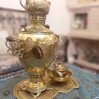سماور برنزی زغالی،سینی،قوری،قنددان و کاسه برنزی