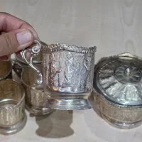 ست آنتیک گیره استکان و قندون برنجی|کلکسیون اشیاء عتیقه|تهران, مینای شمالی (مخبر)|دیوار