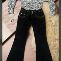 شلوار جین دمپا کلاه شالگردن خز سفید مشکی پارچه